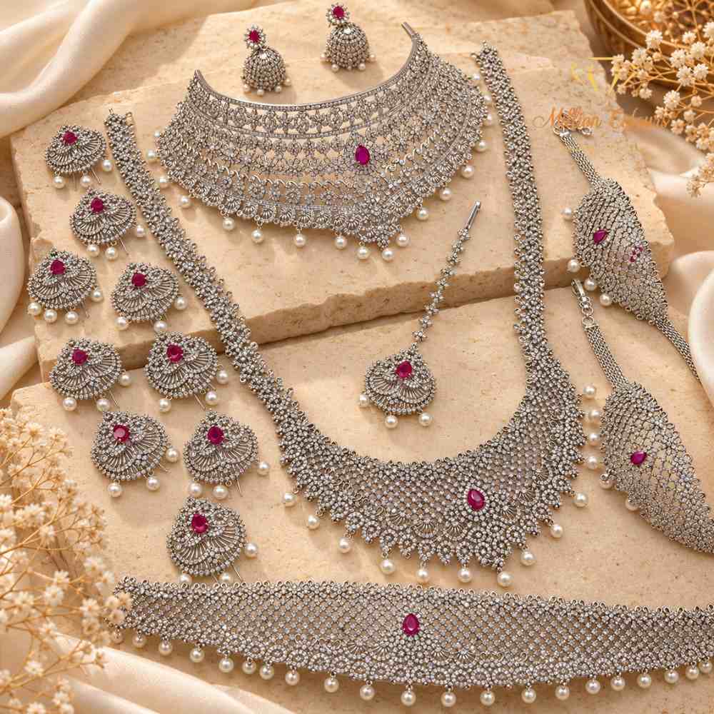 AD Silver Bridal Wedding Jewellery Set with Ruby Red Stones and Pearl Drops By Million Colours