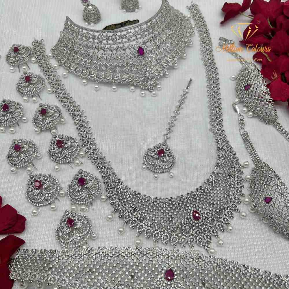 AD Silver Bridal Wedding Jewellery Set with Ruby Red Stones and Pearl Drops By Million Colours