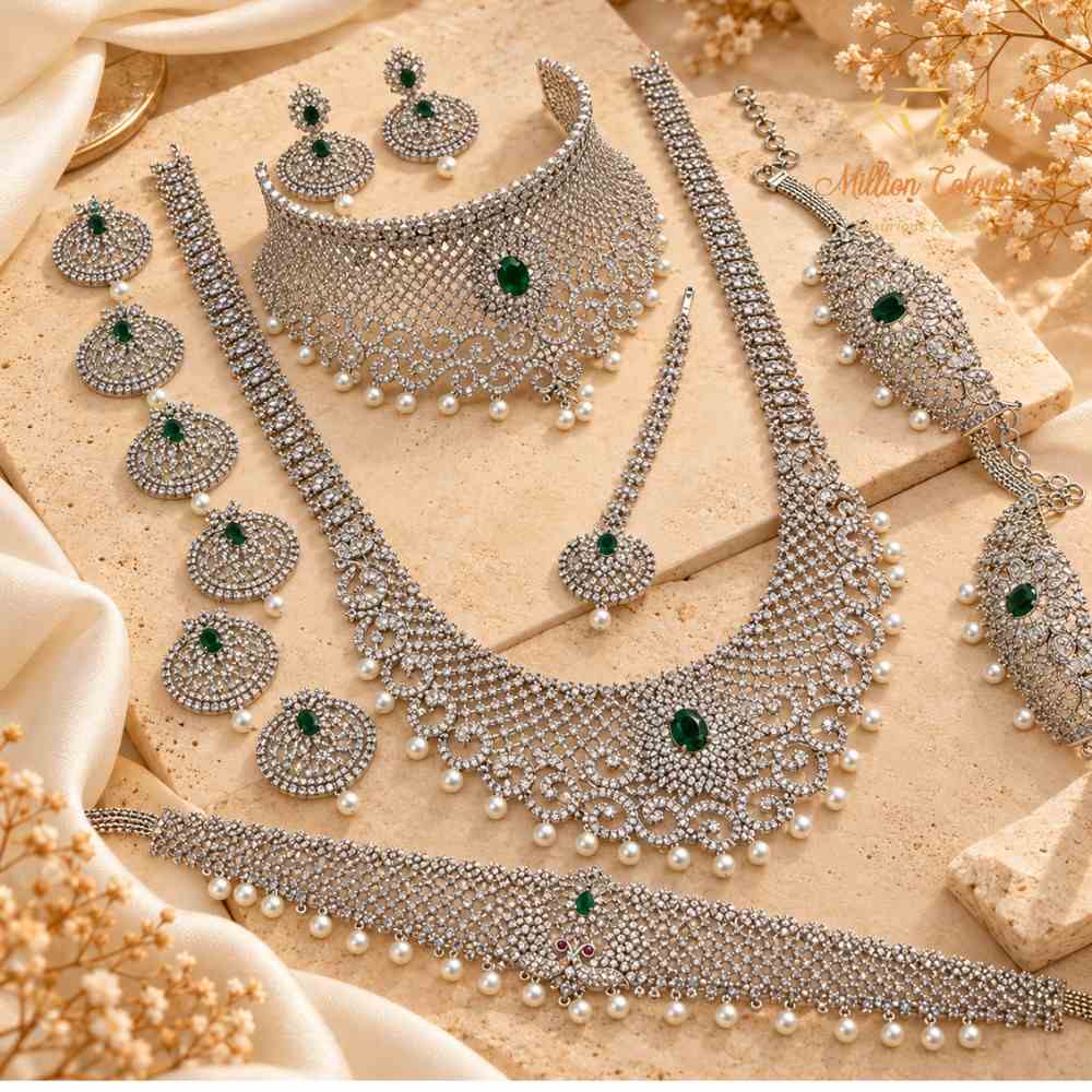 AD Silver Emerald Green Stone & Pearl Bridal Jewellery Wedding Set By Million Colours