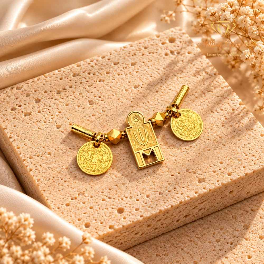 Traditional Gold-Tone Thali Set with Rectangular Pendant & Coin Charms By Million Colours