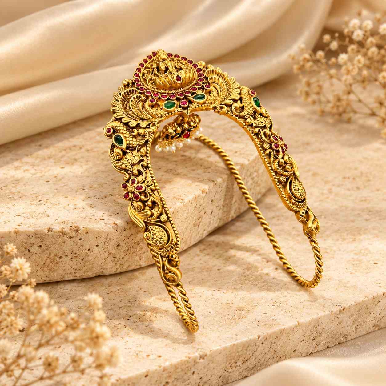 Traditional Gold-Tone Lakshmi Vangi Armlet with Kemp Stones By Million Colours
