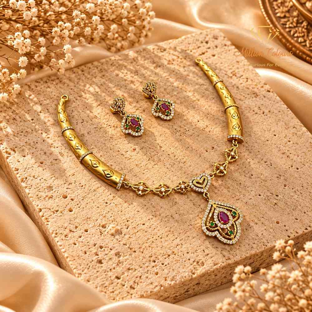 Elegant 1 Gram Gold-Style Pink & Green Stone Necklace Set By Million Colours