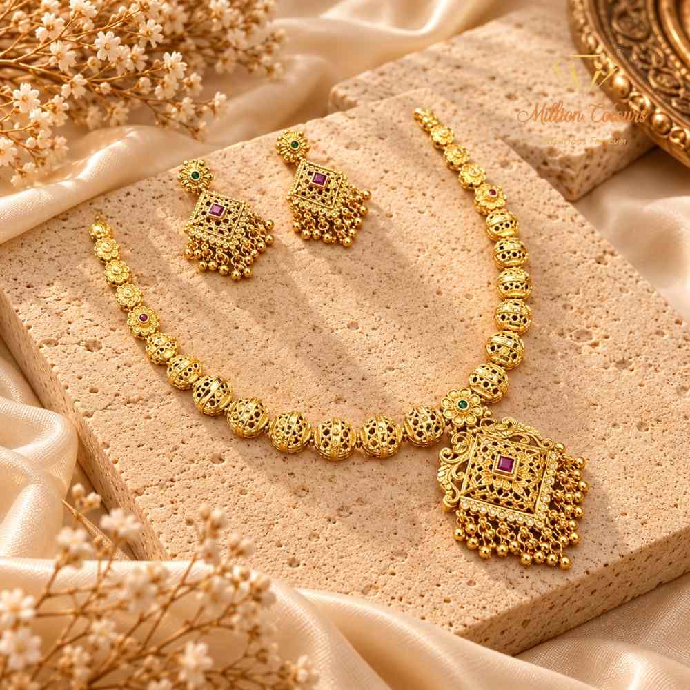 Elegant 1 Gram Gold-Style Pink & Green Stone Necklace Set By Million Colours