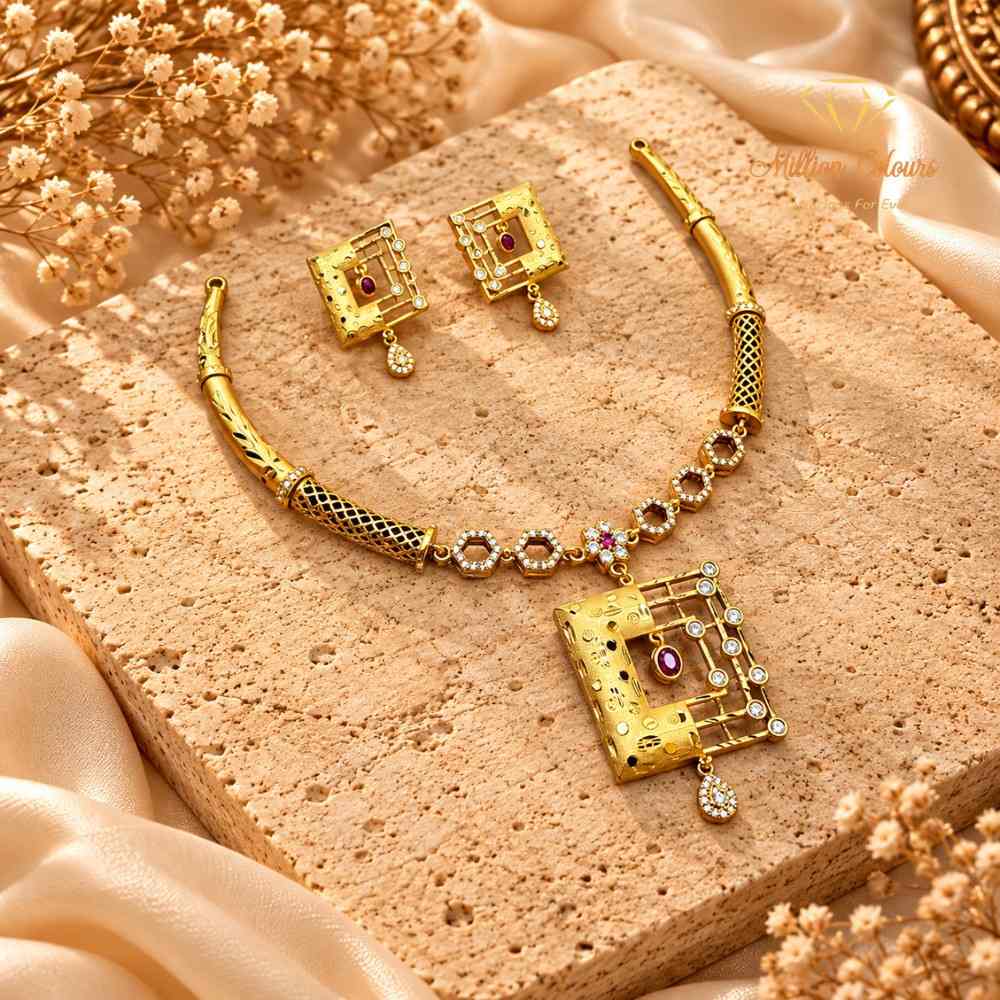 Elegant 1 Gram Gold-Style Pink & Green Stone Necklace Set By Million Colours