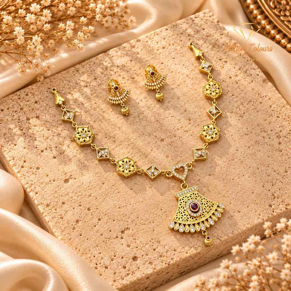 Elegant 1 Gram Gold-Style Pink & Green Stone Necklace Set By Million Colours