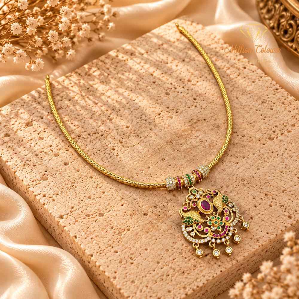 Elegant 1 Gram Gold-Style Pink & Green Stone Necklace Set By Million Colours