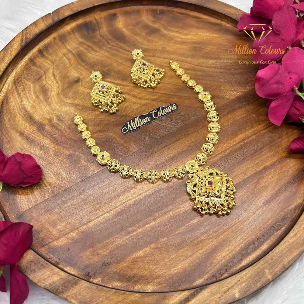 Elegant 1 Gram Gold-Style Pink & Green Stone Necklace Set By Million Colours