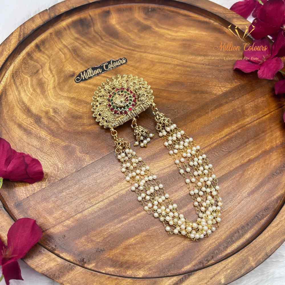 Traditional Lakshmi Back Jada Set with Pearl Layered Chains & Temple Motif By Million Colours