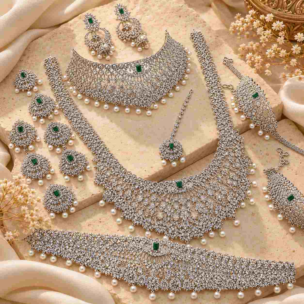 AD Silver Emerald Green Stone & Pearl Bridal Jewellery Wedding Set By Million Colours