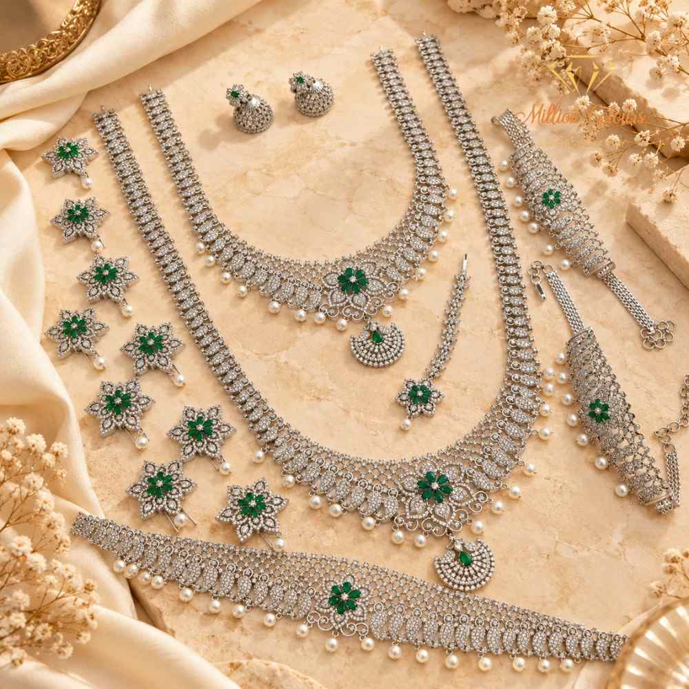 AD Silver Emerald Green Stone & Pearl Bridal Jewellery Wedding Set By Million Colours