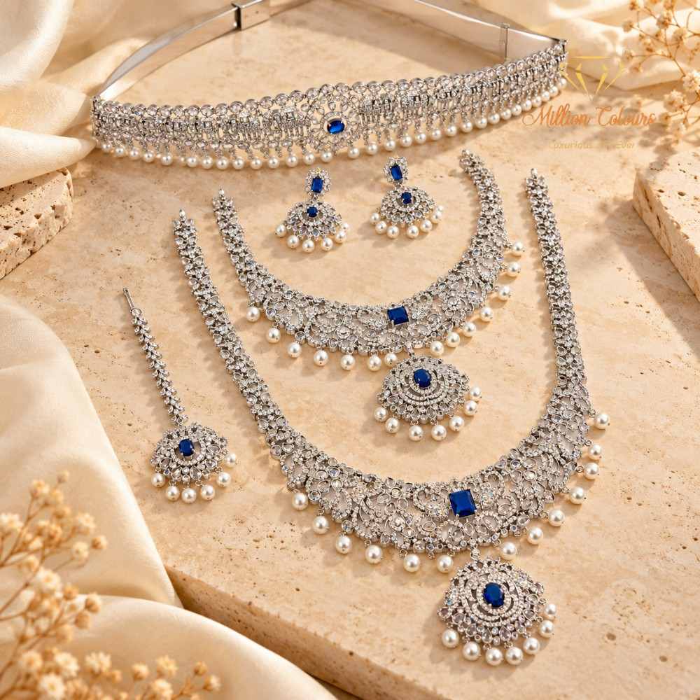 AD Silver Semi-Bridal Wedding Jewellery Set with Royal Blue Stones and Pearl Drops By Million Colours