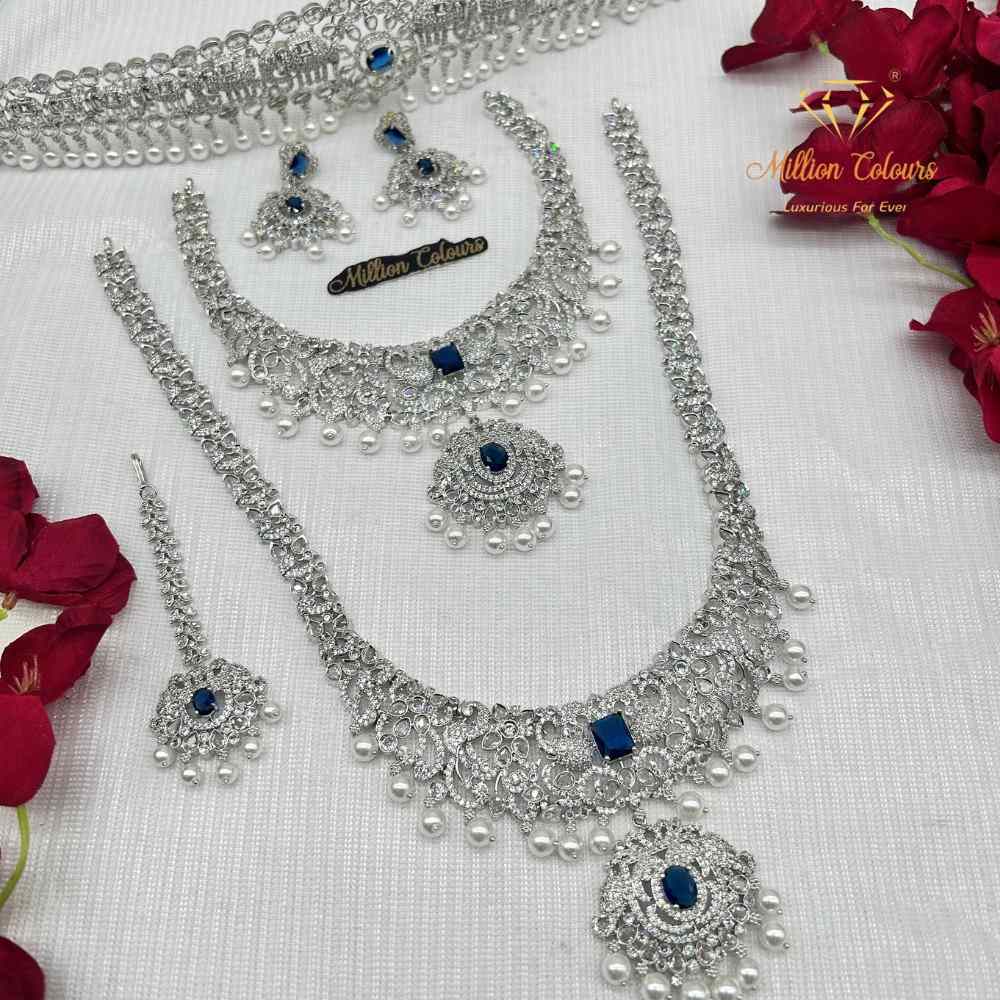 AD Silver Semi-Bridal Wedding Jewellery Set with Royal Blue Stones and Pearl Drops By Million Colours