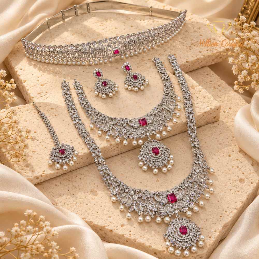 AD Silver Semi-Bridal Wedding Jewellery Set with Ruby Red Stones and Pearl Drops By Million Colours