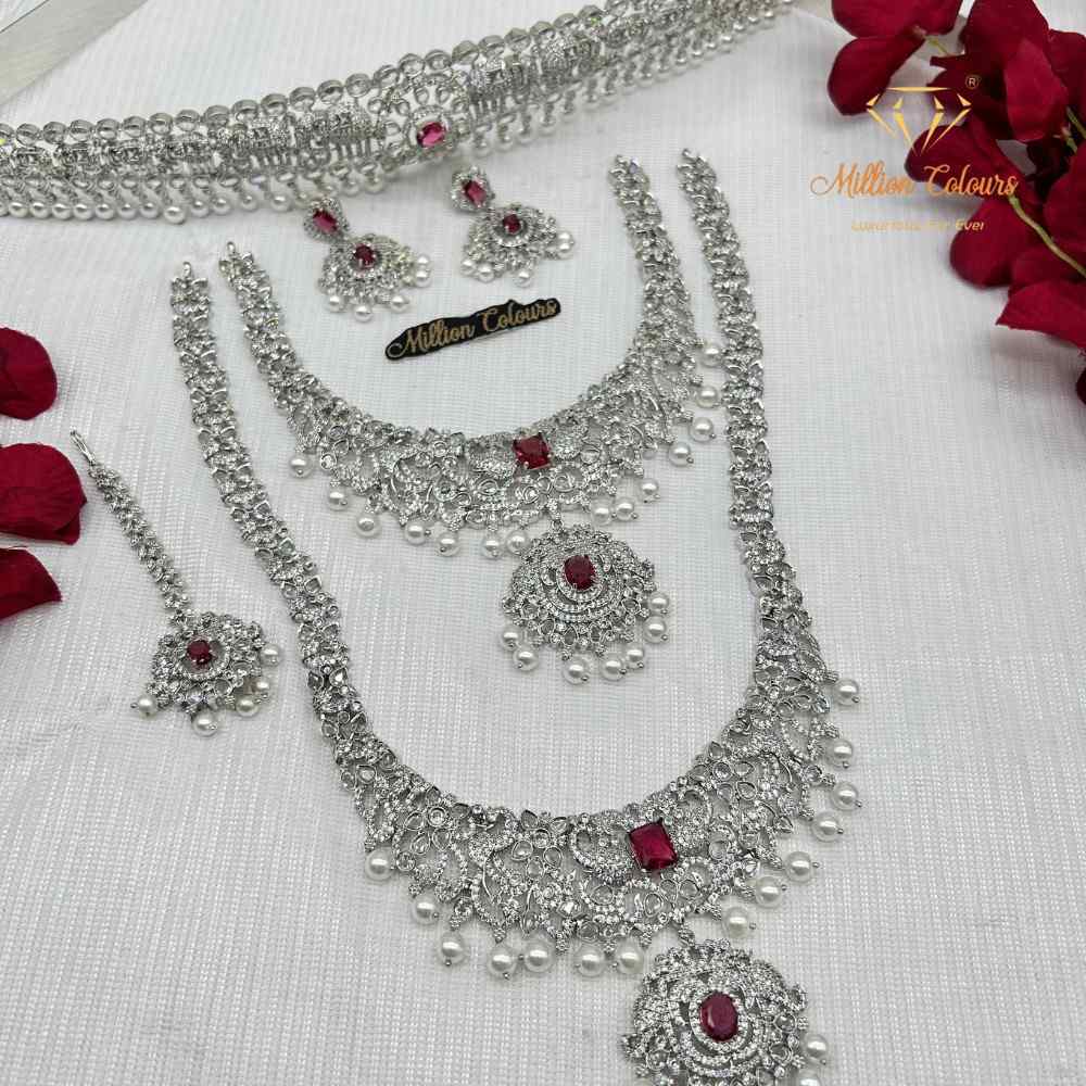 AD Silver Semi-Bridal Wedding Jewellery Set with Ruby Red Stones and Pearl Drops By Million Colours