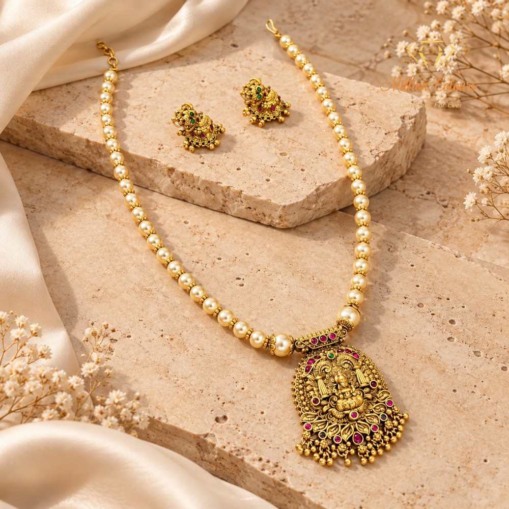 Antique Gold-Tone Lakshmi Temple Necklace & Earring Set By Million Colours