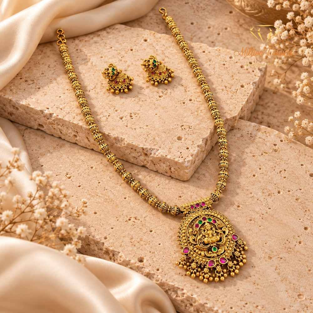 Antique Gold-Tone Lakshmi Temple Necklace & Earring Set By Million Colours