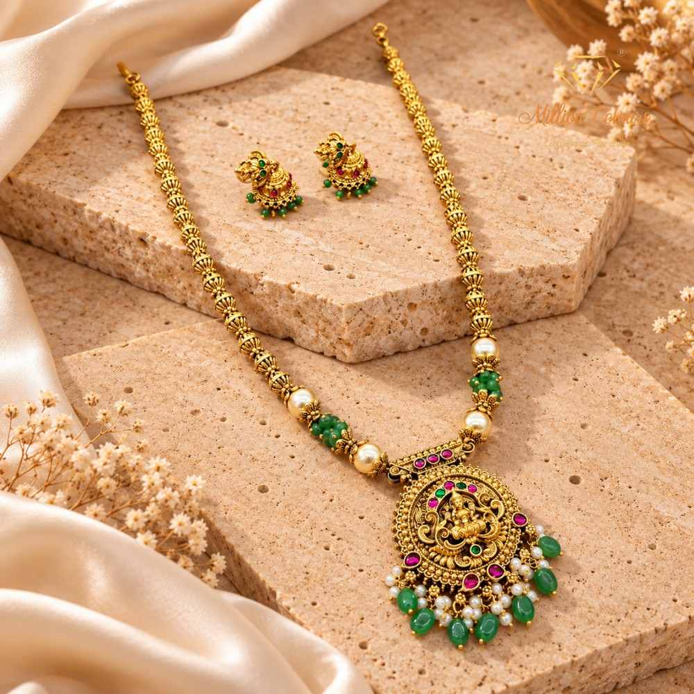 Antique Gold-Tone Lakshmi Temple Necklace & Earring Set By Million Colours