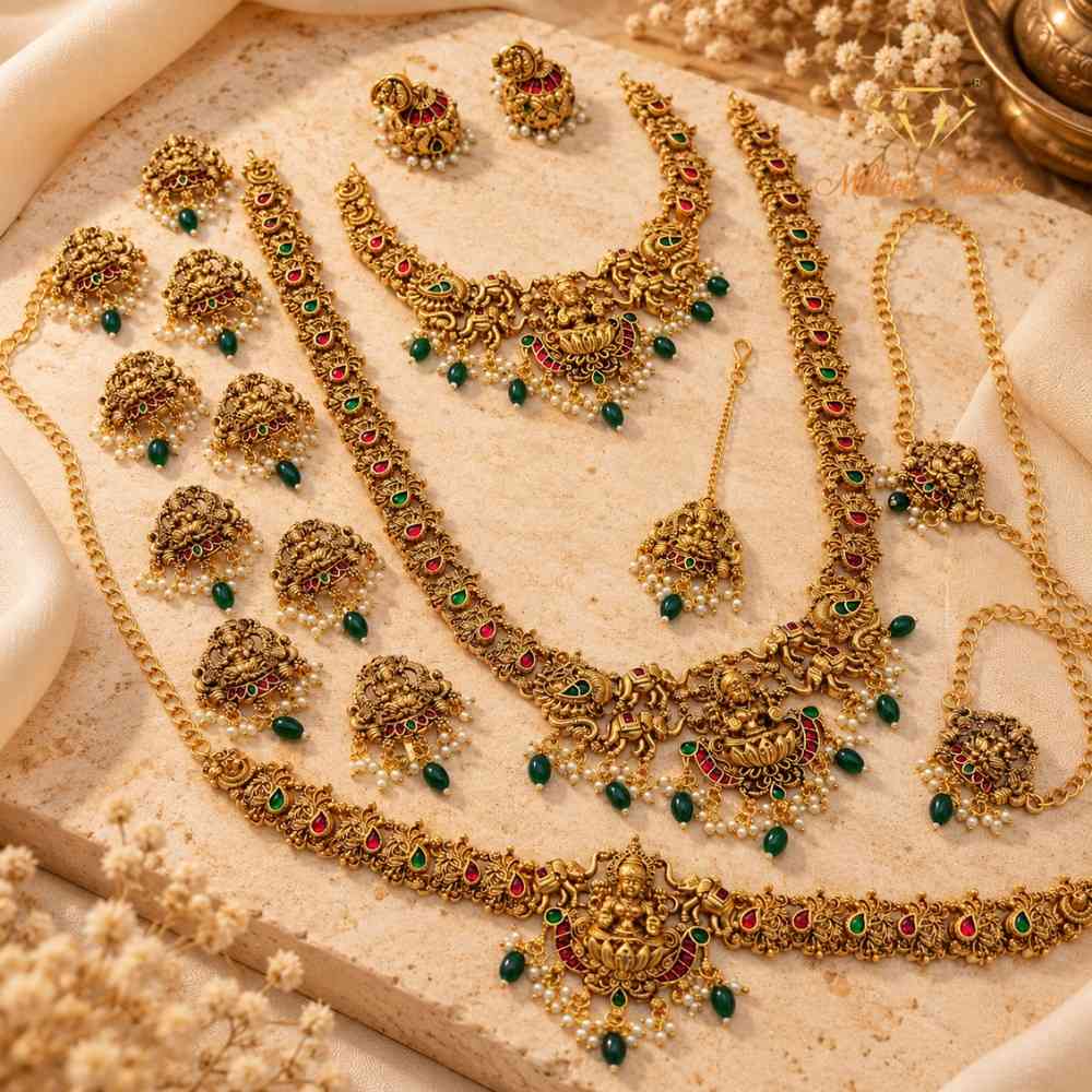 Antique Gold Finish Bridal Jewellery Set with Lakshmi Pendant & Kemp Stones By Milllion Colours