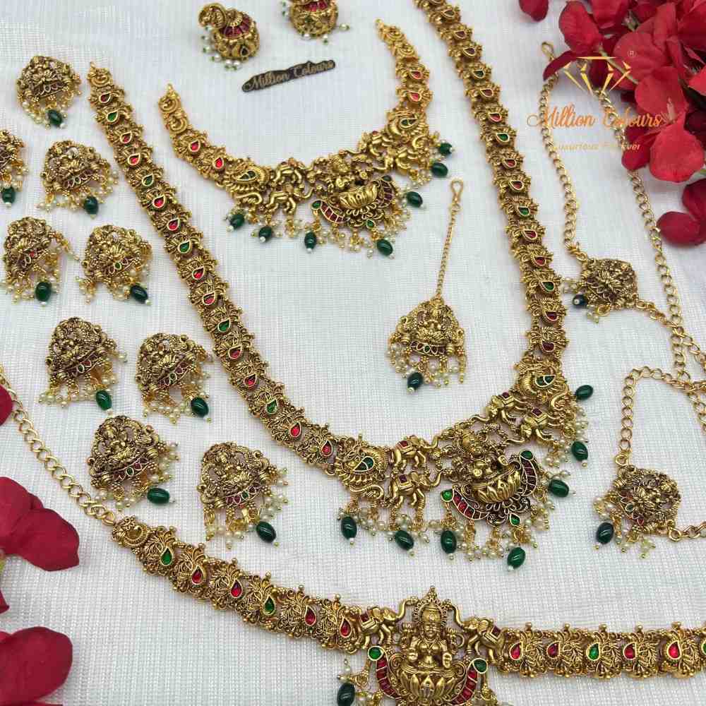 Antique Gold Finish Bridal Jewellery Set with Lakshmi Pendant & Kemp Stones By Milllion Colours