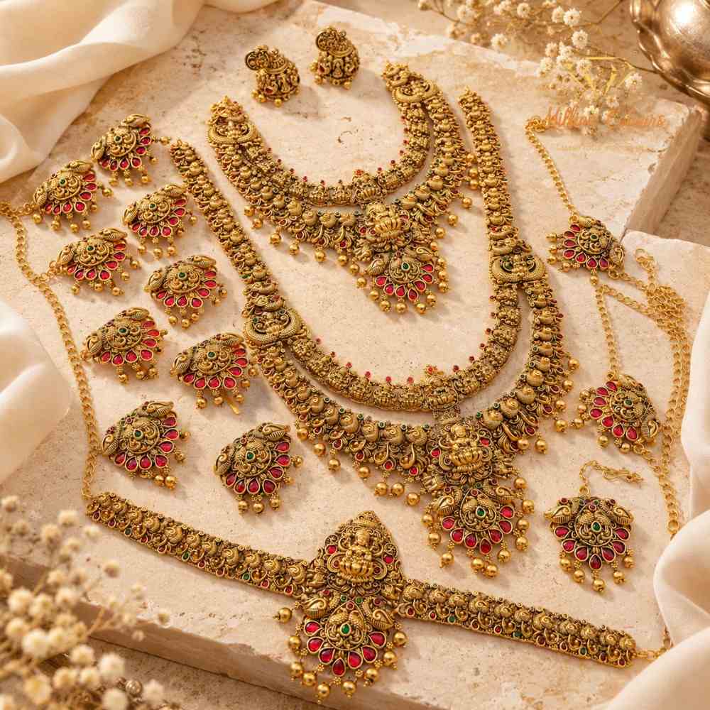 Antique Gold Finish Bridal Wedding Jewellery Combo Set with Red Stone Embellishments By Million Colours