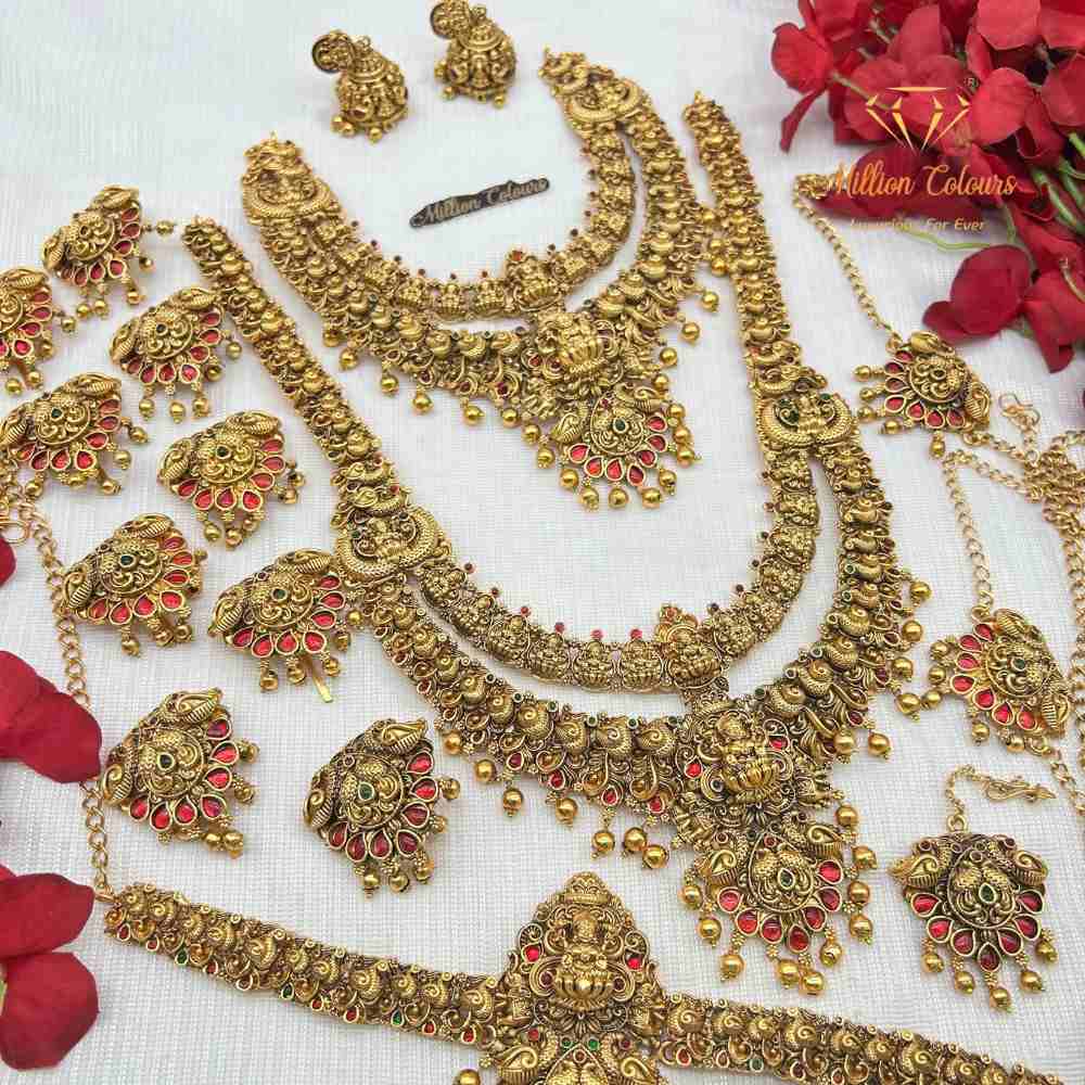 Antique Gold Finish Bridal Wedding Jewellery Combo Set with Red Stone Embellishments By Million Colours