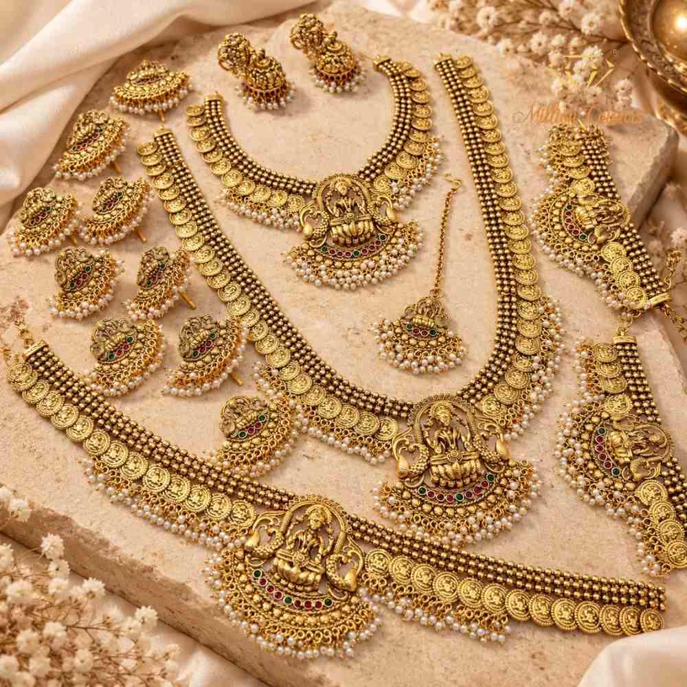Antique Gold Finish Bridal Wedding Jewellery Set with Goddess Lakshmi Pendant By Million Colours
