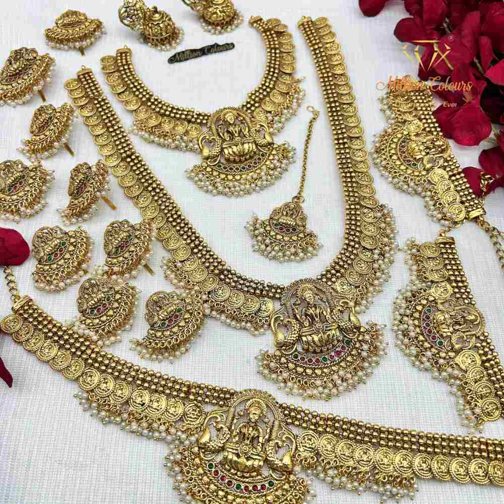 Antique Gold Finish Bridal Wedding Jewellery Set with Goddess Lakshmi Pendant By Million Colours