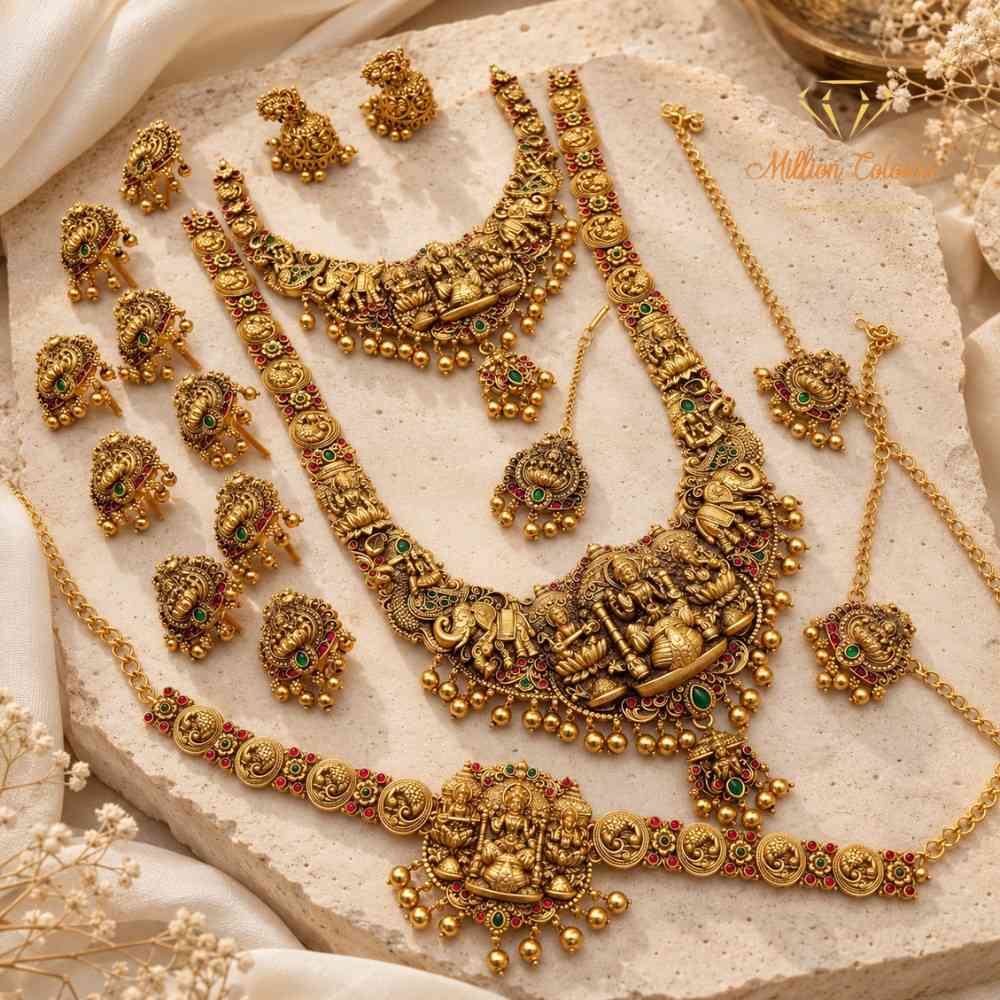 Antique Gold Finish Bridal Wedding Jewellery Set with Traditional Goddess Pendant By Million Colours