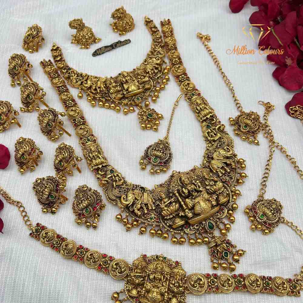 Antique Gold Finish Bridal Wedding Jewellery Set with Traditional Goddess Pendant By Million Colours
