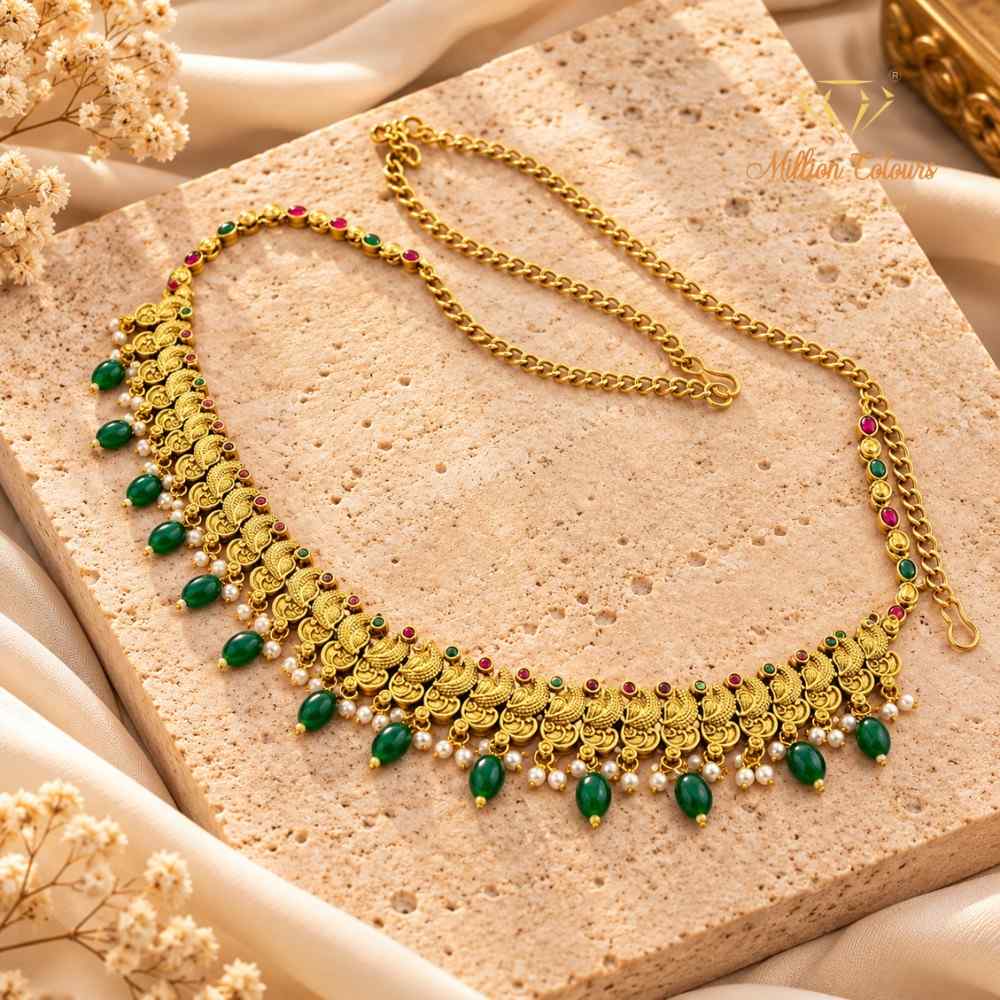 Antique Gold Finish Green Beaded Traditional Hip Belt By Million Colours