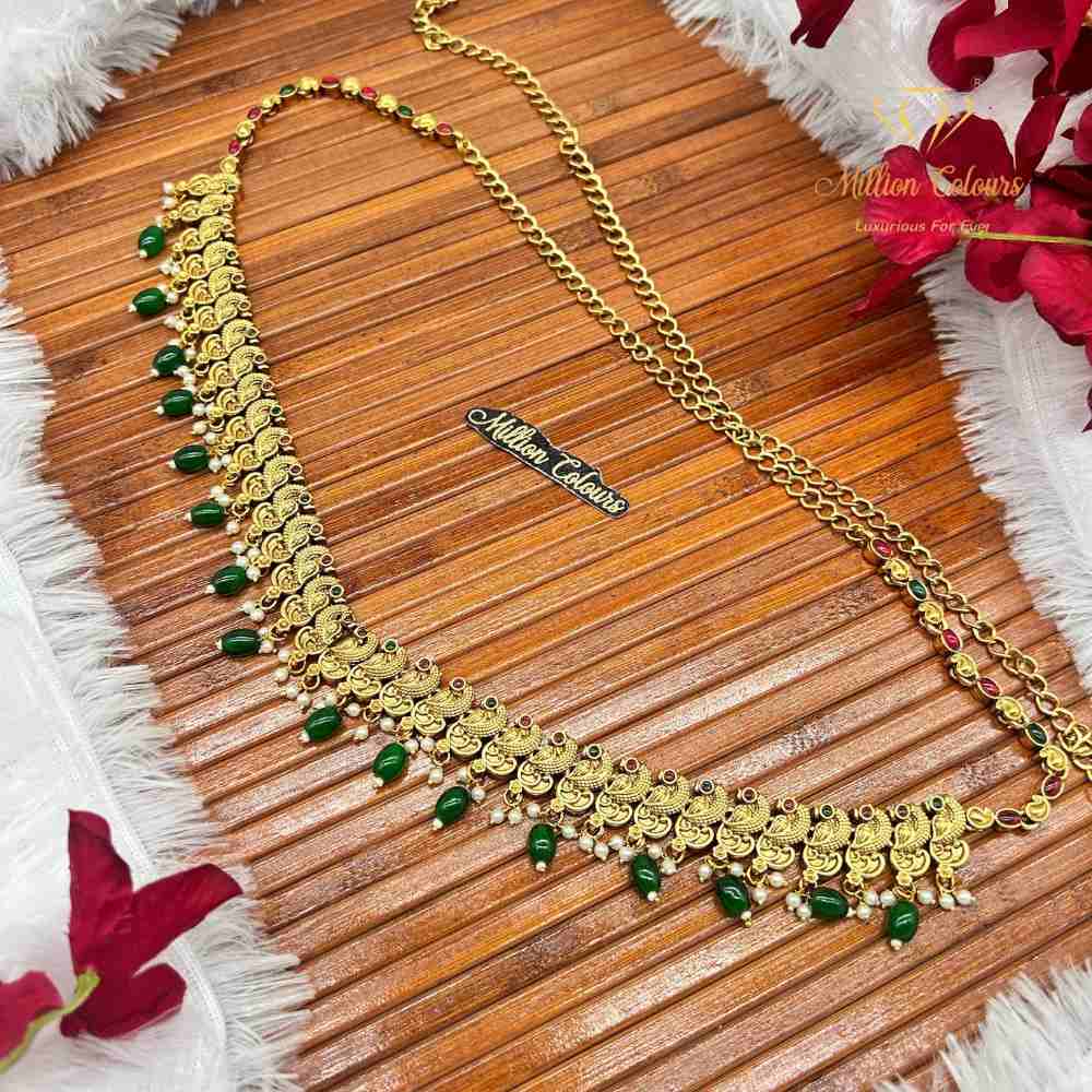 Antique Gold Finish Green Beaded Traditional Hip Belt By Million Colours