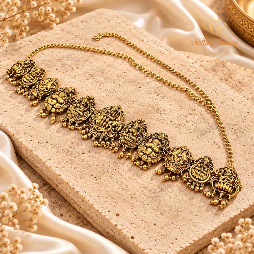 Antique Gold Finish Lakshmi & Floral Motif Traditional Hip Belt By Million Colours