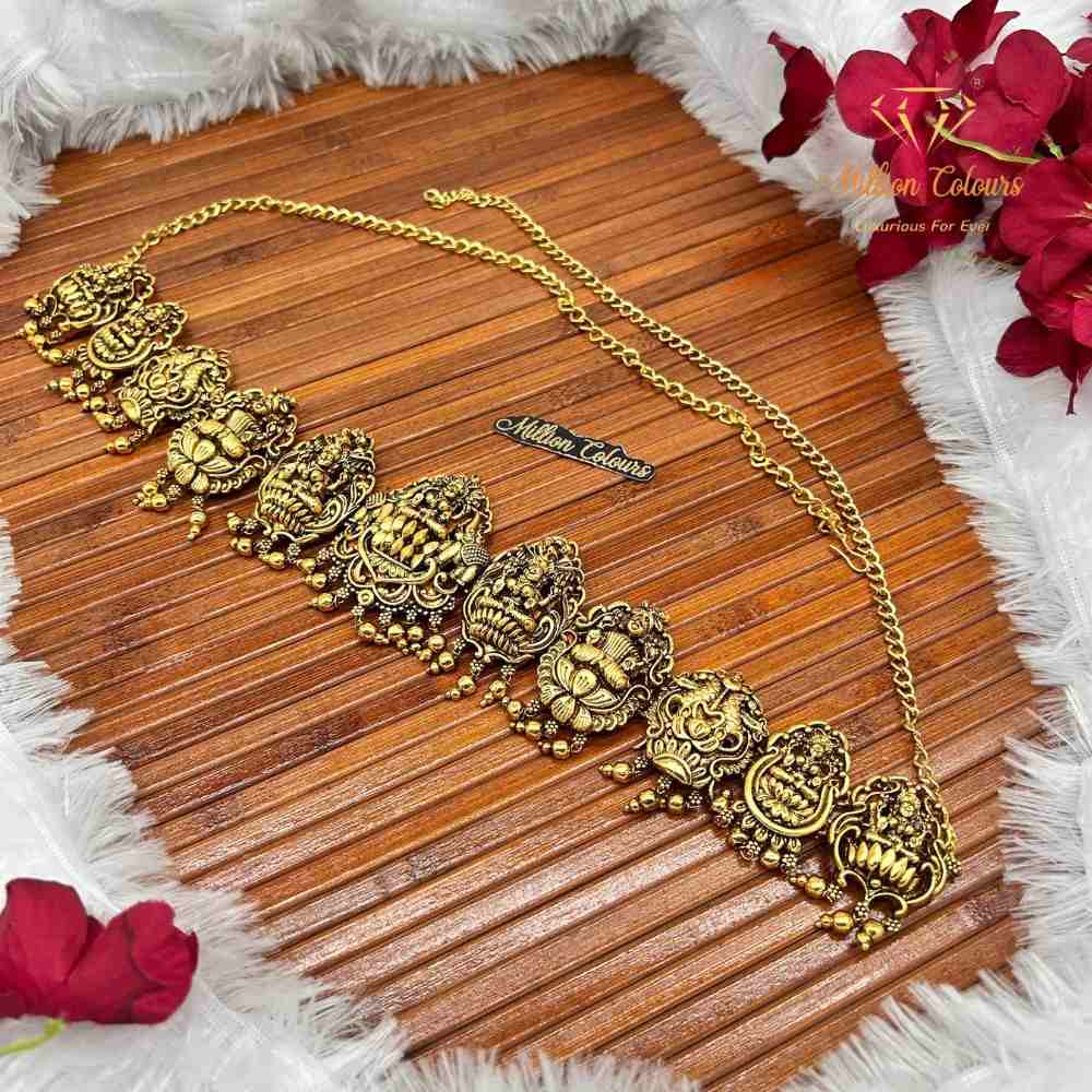Antique Gold Finish Lakshmi & Floral Motif Traditional Hip Belt By Million Colours