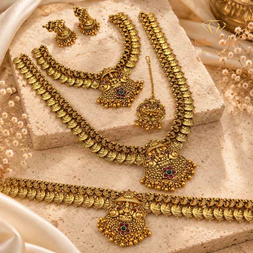 Antique Gold Finish Lakshmi Coin Semi-Bridal Jewellery Set By Million Colours