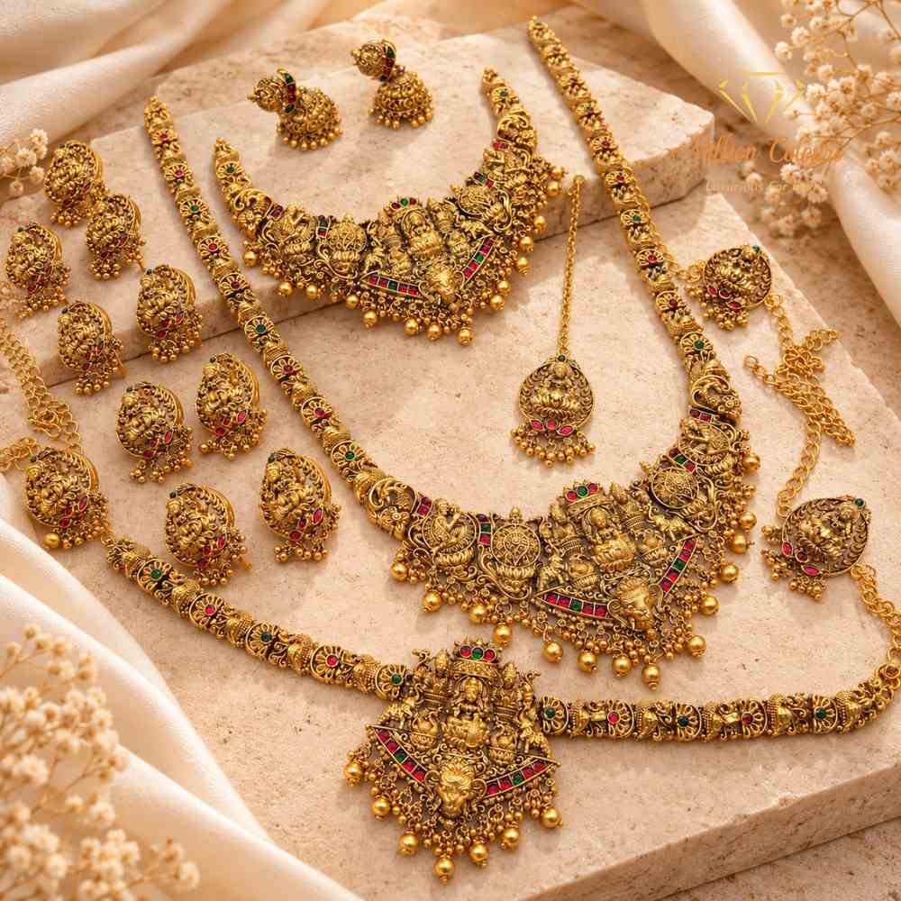 Antique Gold Finish Traditional Bridal Wedding Jewellery  Red and Green Stone Detailing By Million Colours