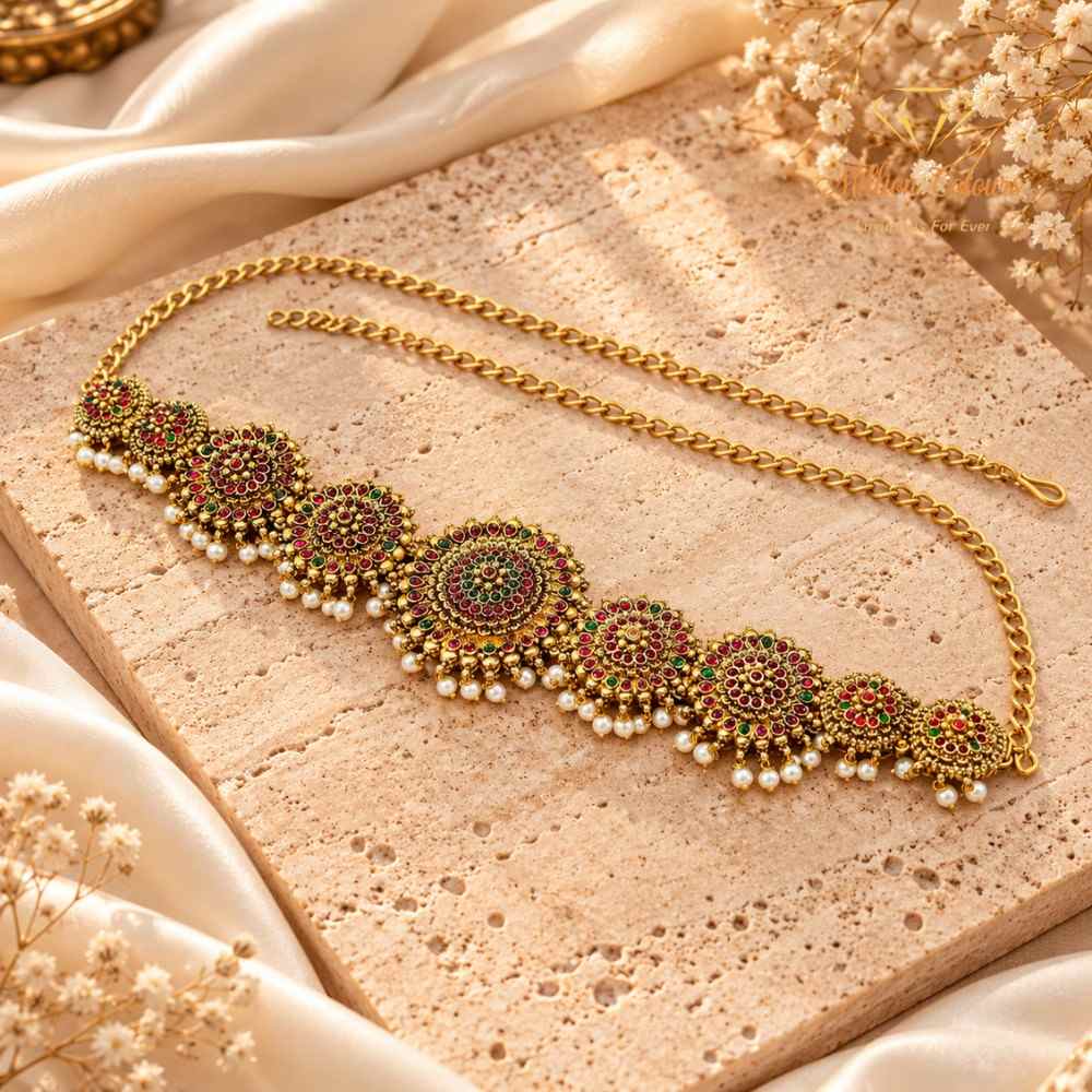 Antique Gold Finish Traditional Hip Belt with Multicolor Stone Detailing By Million Colours