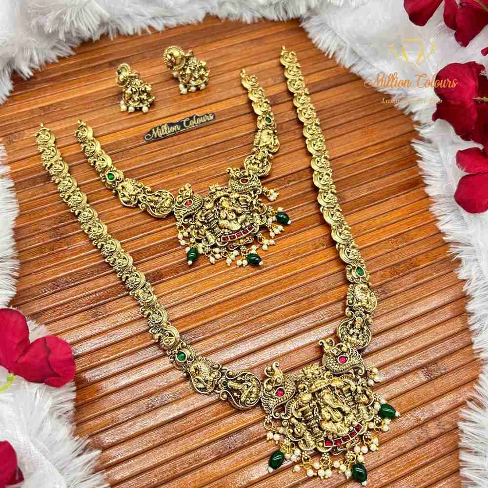 Antique Gold Goddess Temple Jewellery Combo Set with Green & Ruby Stone Accents By Million Colours