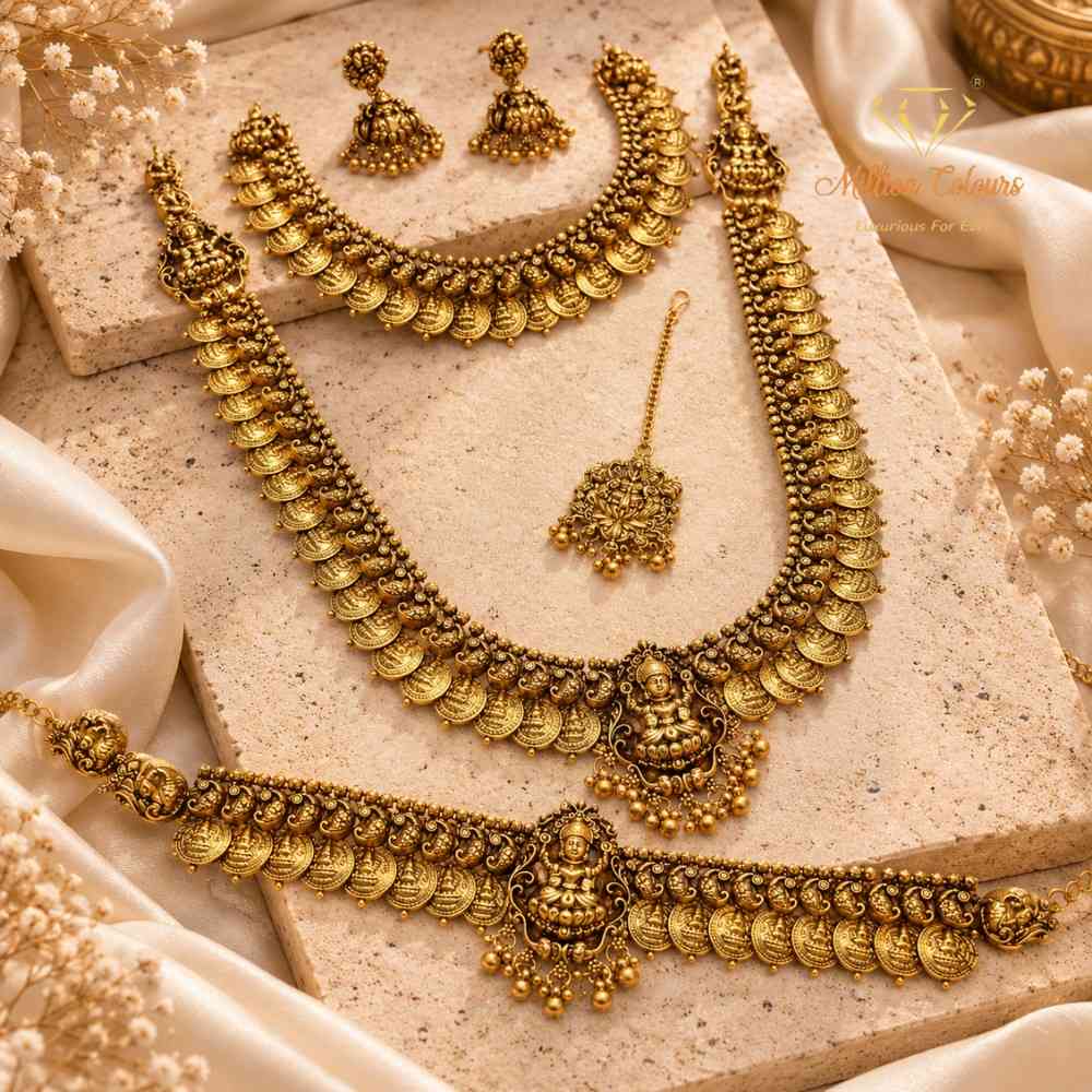 Antique Gold Lakshmi Coin Semi -Bridal Jewellery Set with Waist Belt By Million Colours