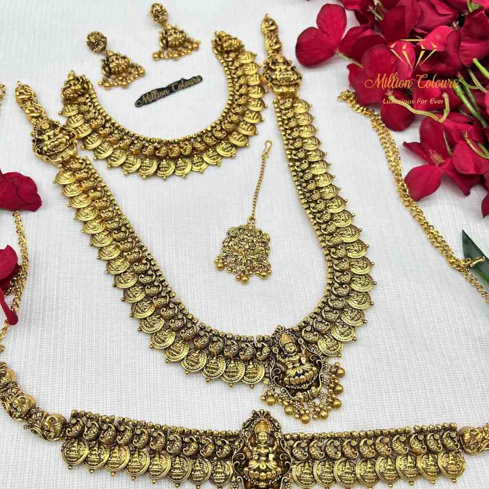 Antique Gold Lakshmi Coin Semi -Bridal Jewellery Set with Waist Belt By Million Colours
