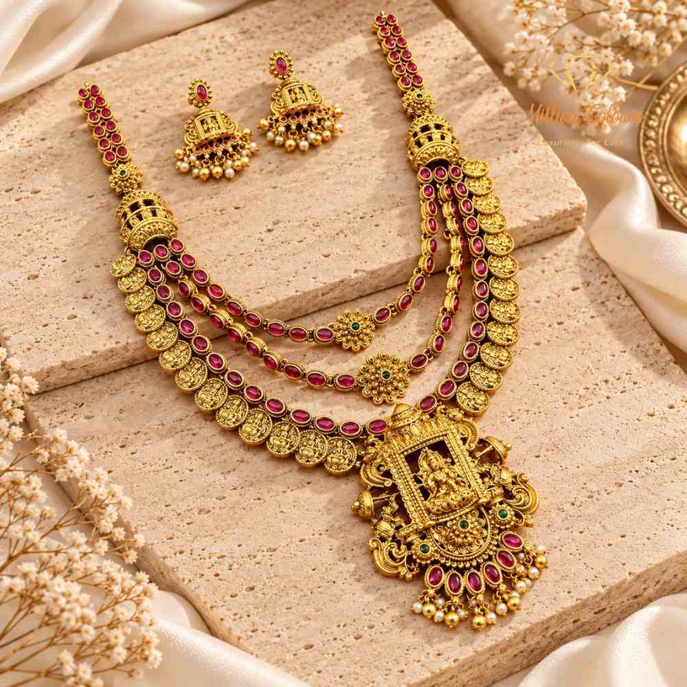 Antique Gold Lakshmi Haram Set with Ruby Stone & Coin Motifs By Million Colours