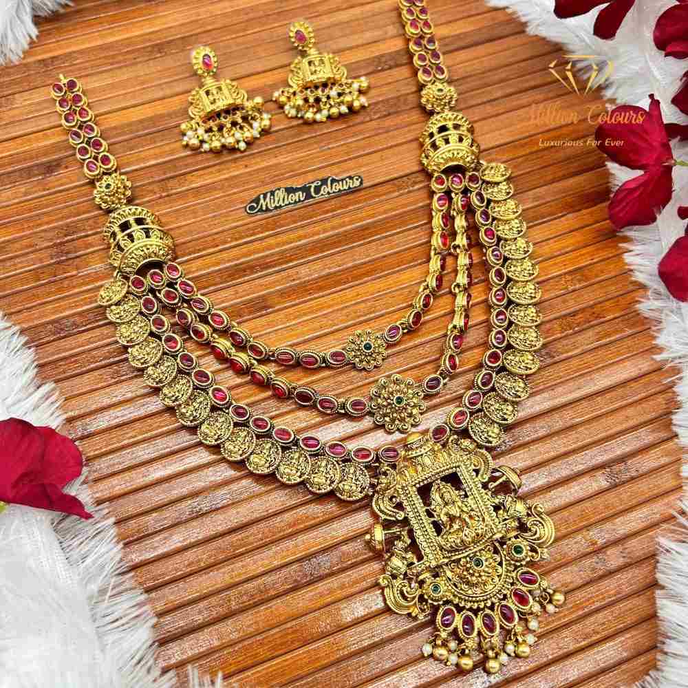 Antique Gold Lakshmi Haram Set with Ruby Stone & Coin Motifs By Million Colours