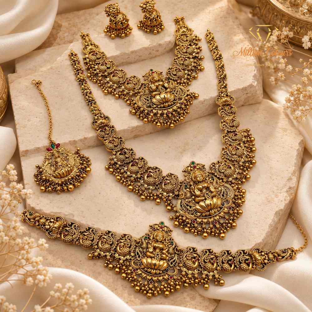 Antique Gold Lakshmi Temple Design Semi-Bridal Jewellery Set By Million Colours