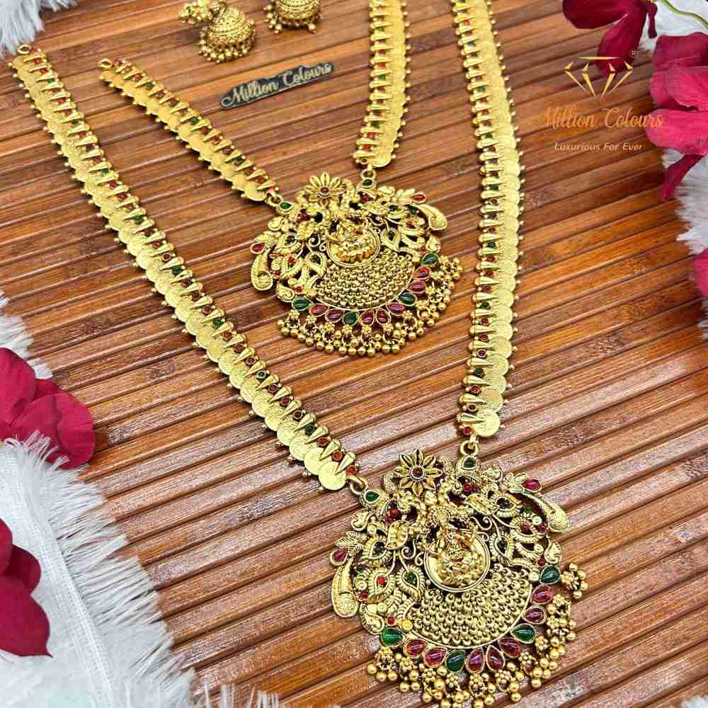 Antique Gold Lakshmi Temple Jewellery Combo Set with Ruby & Green Stone Detailing By Million Colours