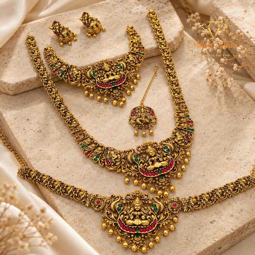 Antique Gold Peacock Lakshmi Semi-Bridal Jewellery Set with Waist Belt By Million Colours