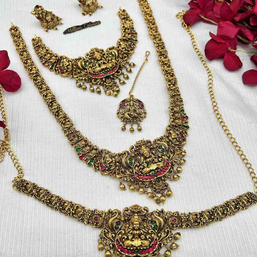 Antique Gold Peacock Lakshmi Semi-Bridal Jewellery Set with Waist Belt By Million Colours