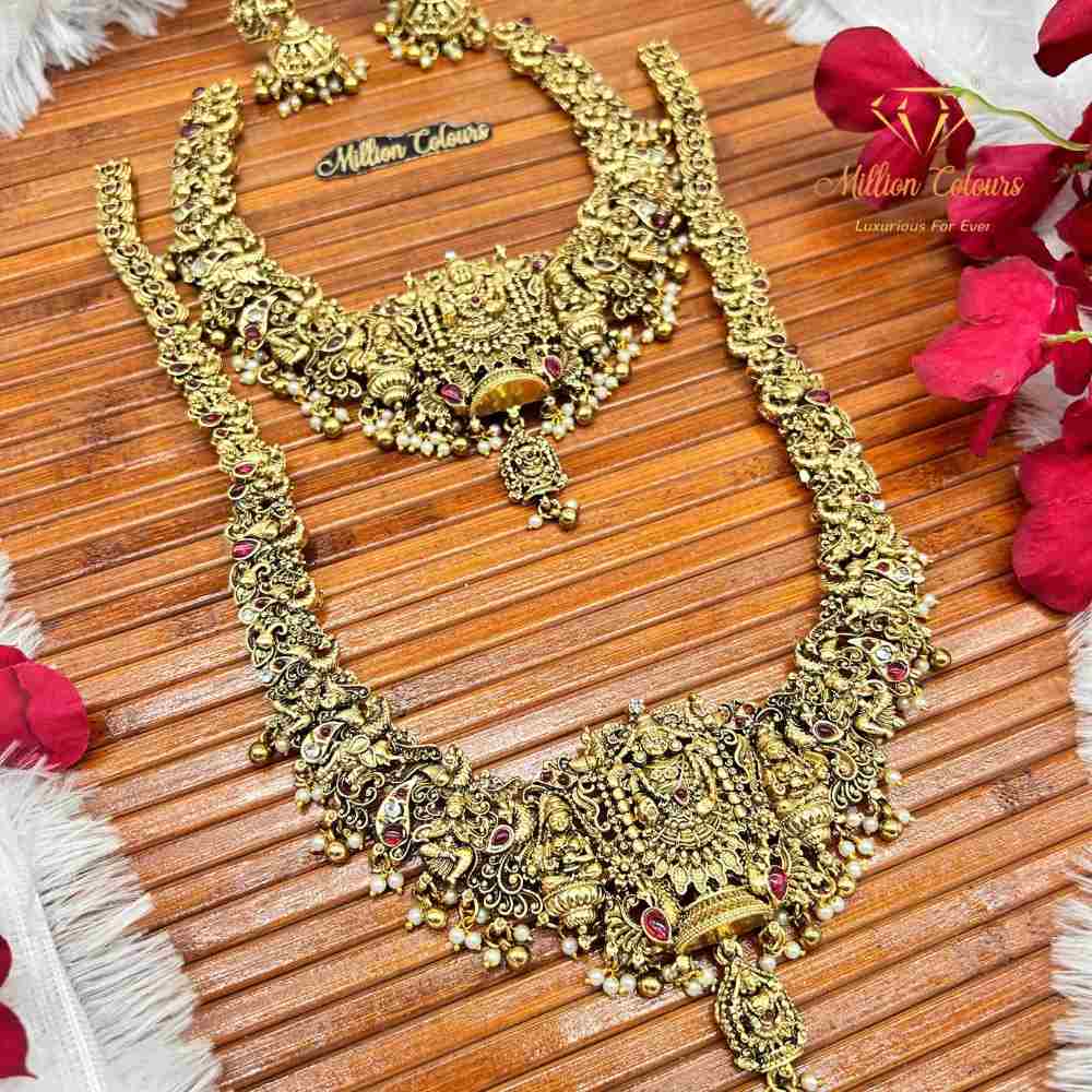 Antique Gold Temple Jewellery Combo Set with Peacock & Goddess Motif By Million Colours