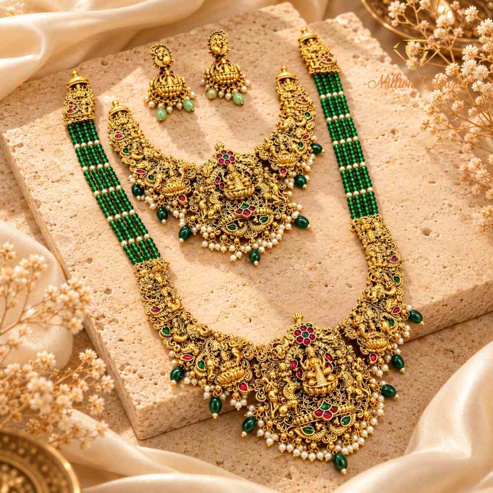 Antique Green Beaded Lakshmi Temple Jewellery Combo Set By Million Colours