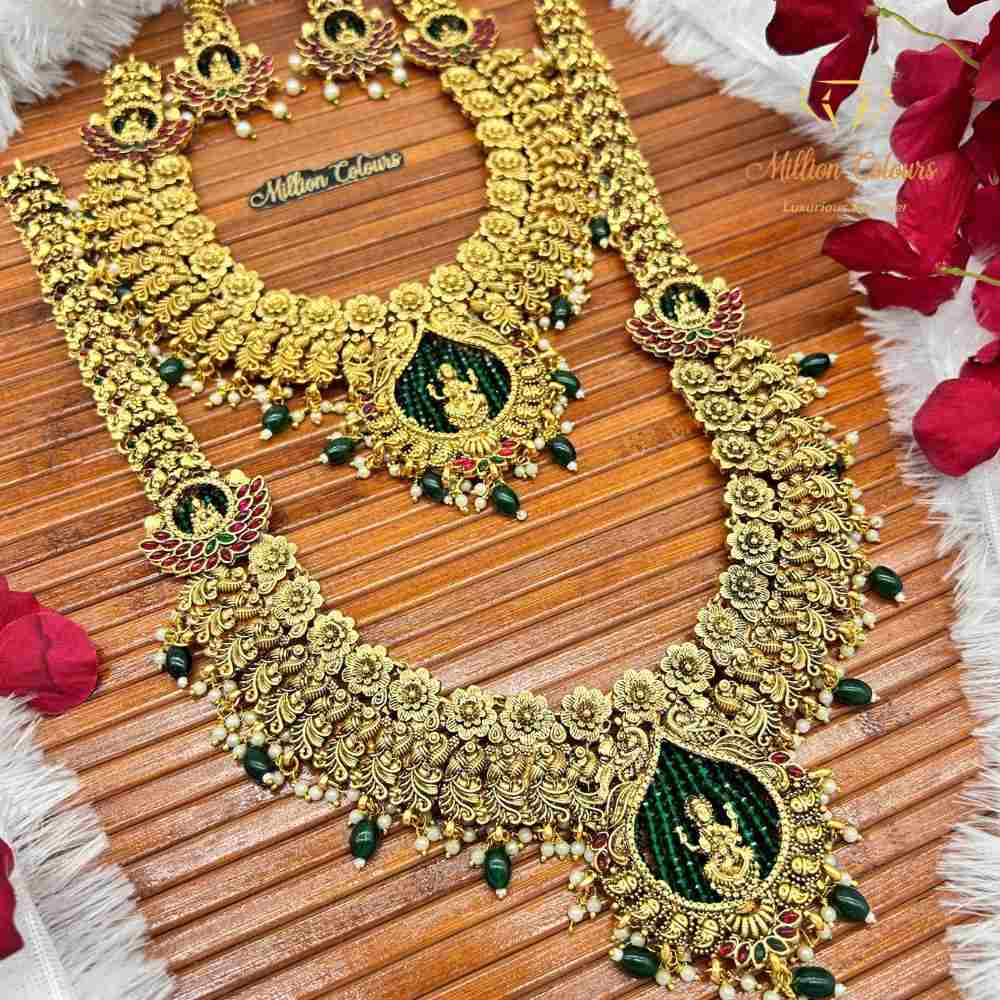 Antique Green Beaded Lakshmi Temple Jewellery Combo Set By Million Colours