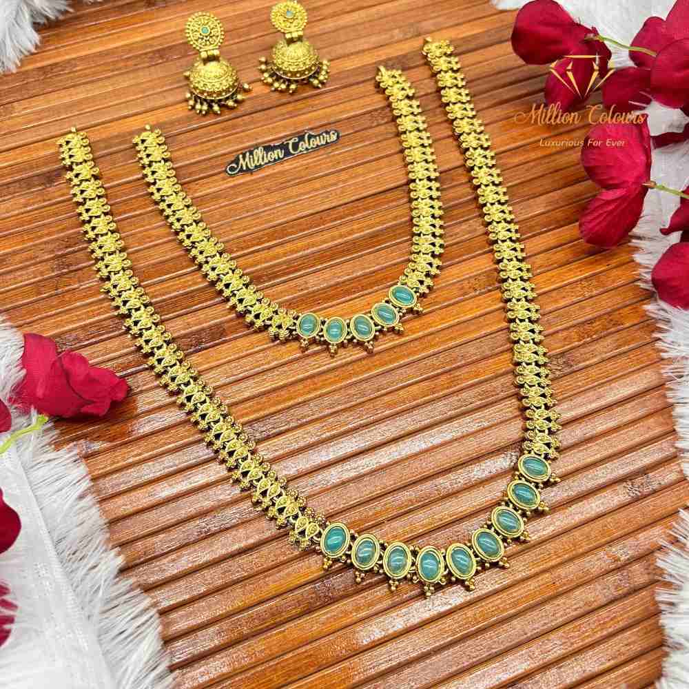 Antique Green Stone Floral Necklace Combo Set By Million Colours