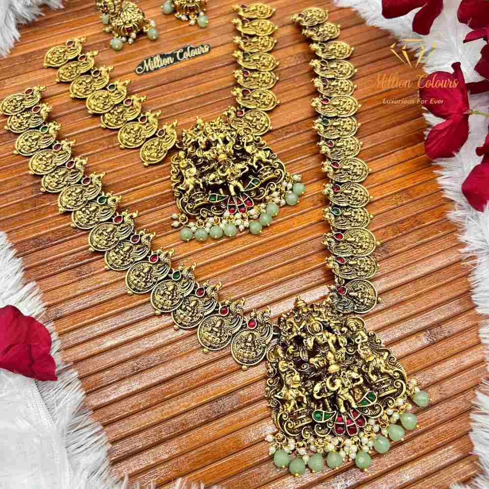 Antique Lakshmi Coin Temple Jewellery Combo with Green Beads By Millon Colours